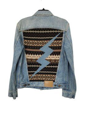 Alanui Cashmere Insert Denim Jacket Light Wash Southwestern Fair Isle Lightning